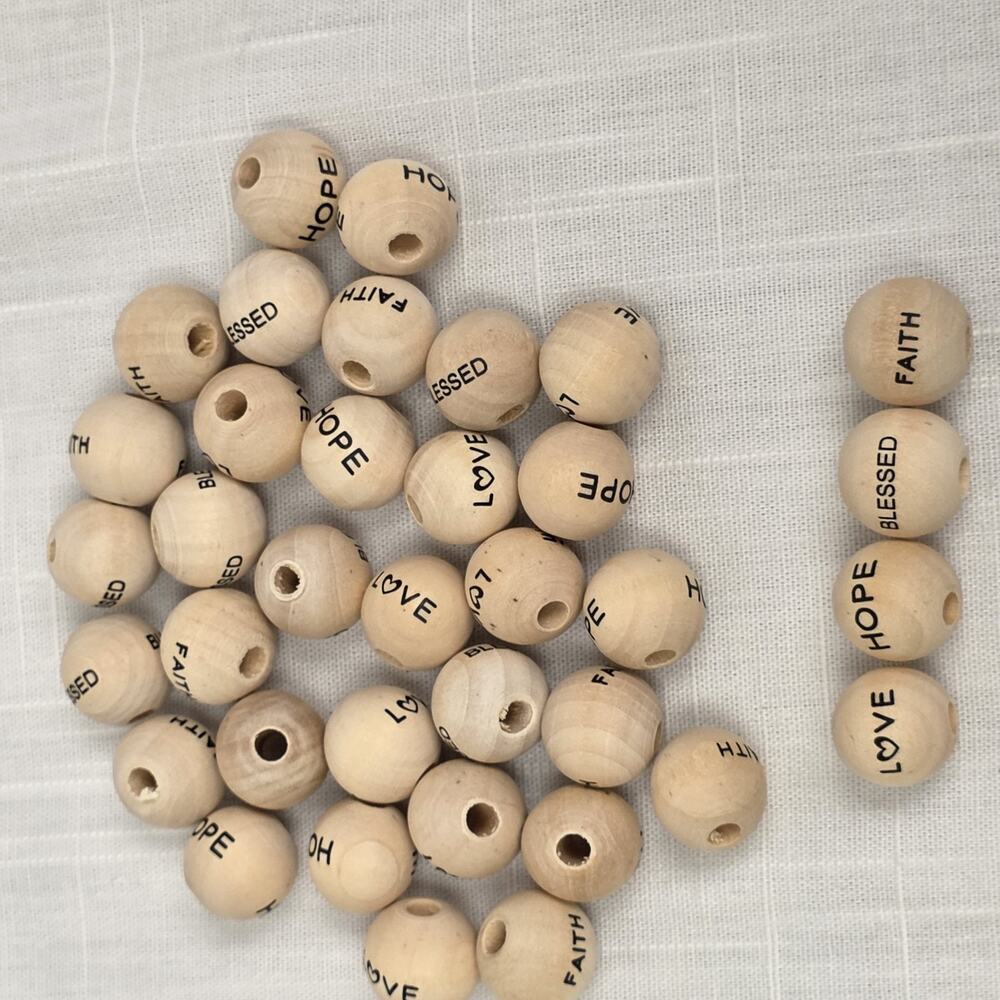 Wooden Inspirational Word Beads Faith Hope Love Blessed Natural Wood Craft Lot